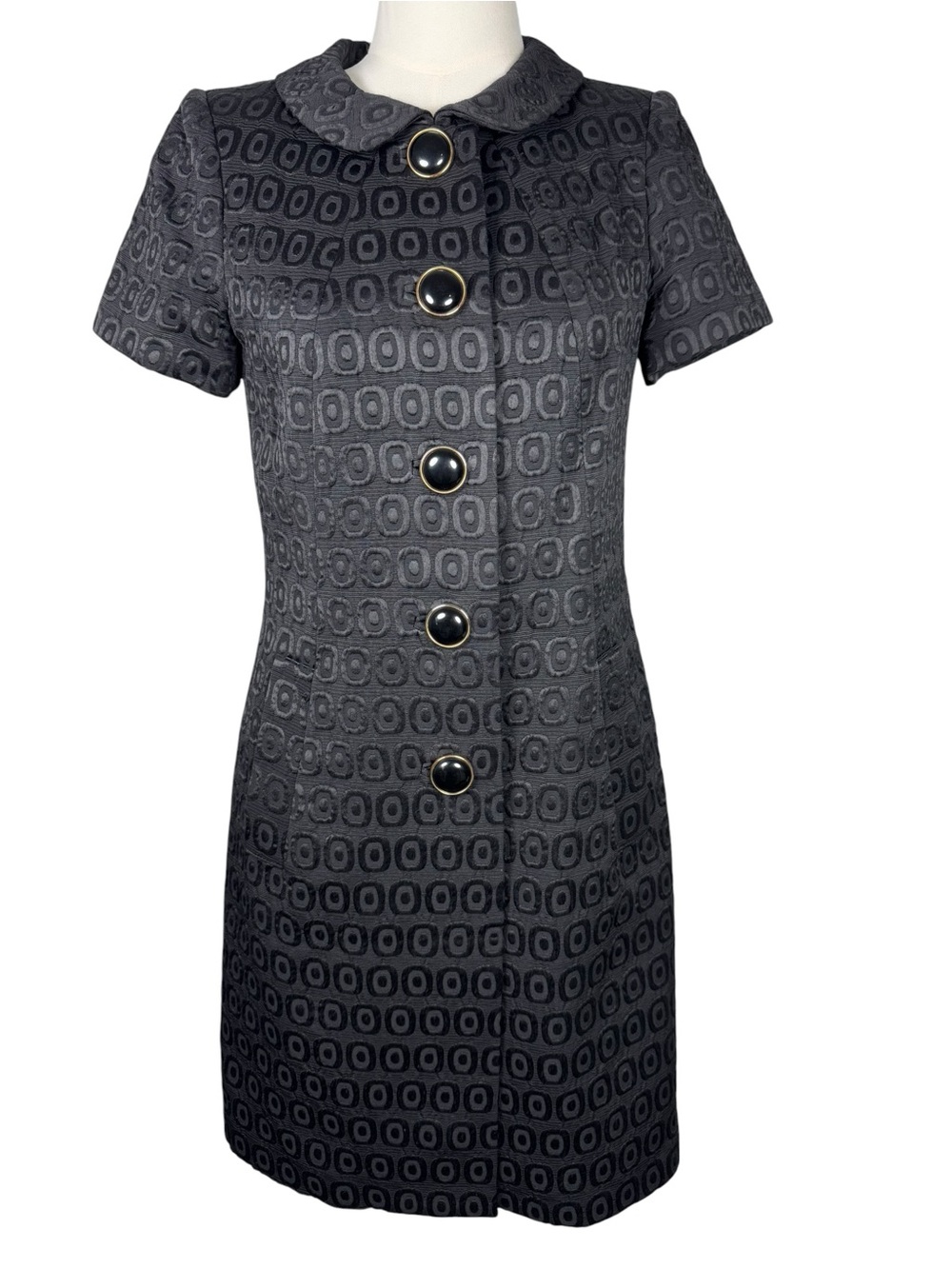 Milly NY Black Jacquard Coat Dress Peter Pan Collar Mod Twiggy Sz 4 - Picture 2 of 10